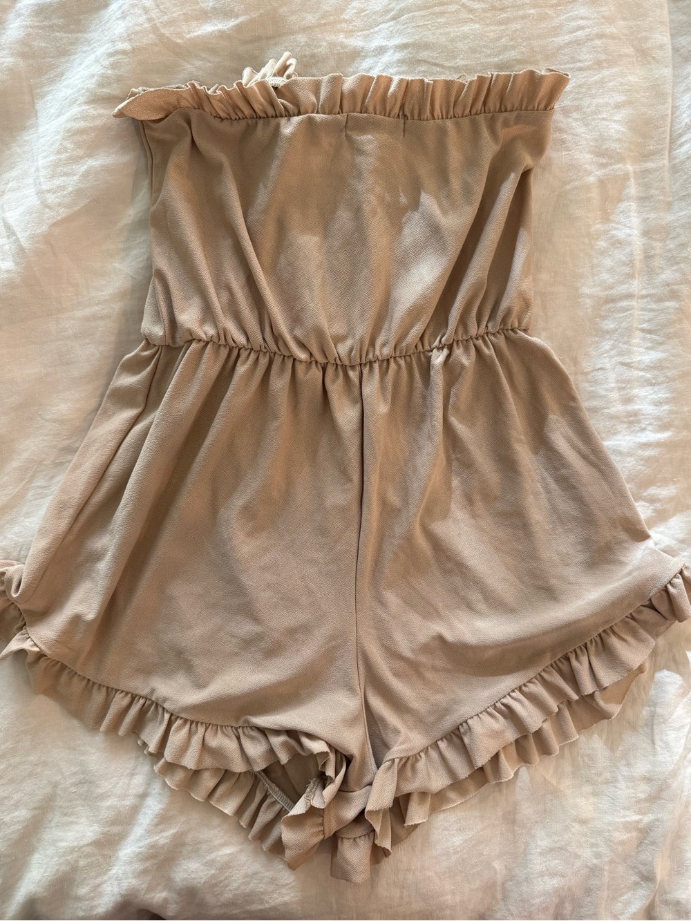 PrettyLittleThing Beige Ruffle Strapless One-Piece Romper - Picture 3 of 3